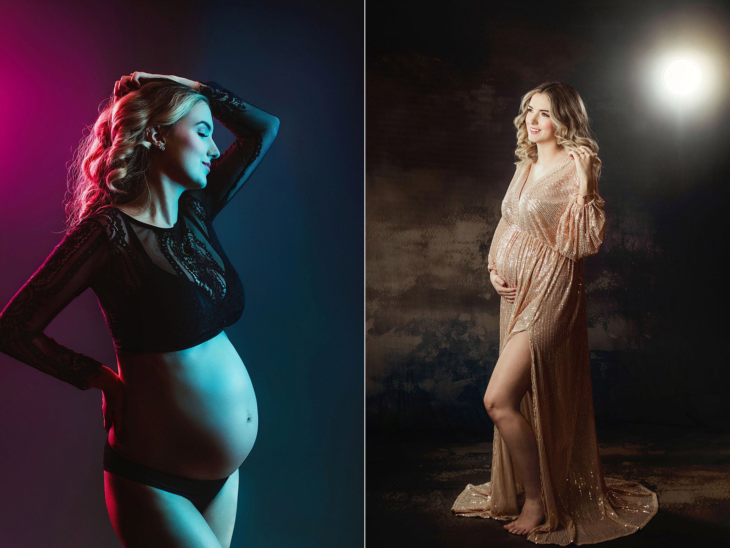 2 images from a studio maternity session, one using coloured gels, and one with a gold dress and backlight.