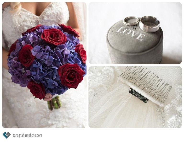 bridal details, red and purple bouquet, vera wang rings, bling veil, Ajax Convention Centre Wedding