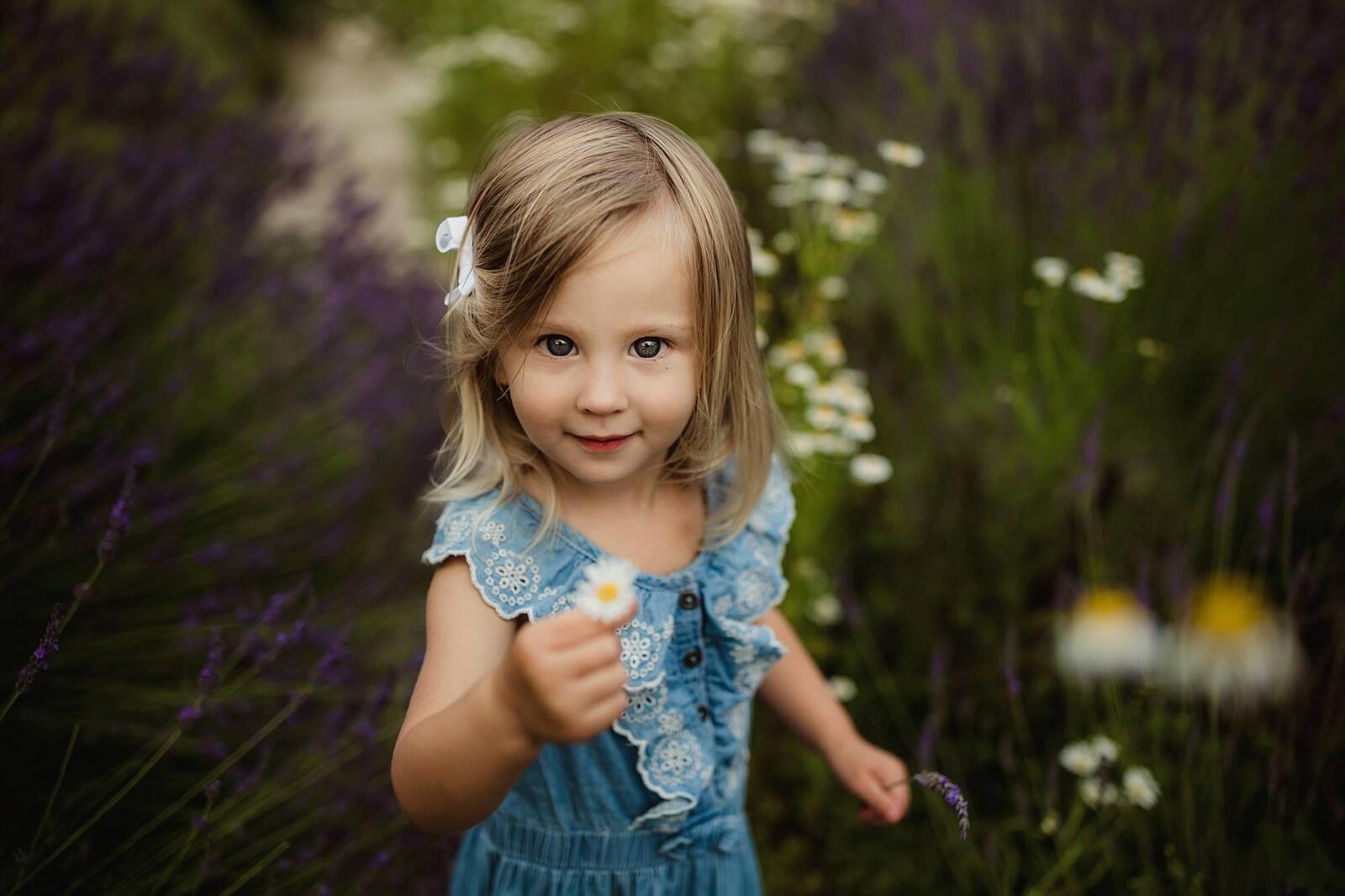 girl holding daisy towards camera in field of flowers